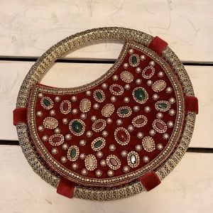 Red Velvet Beaded Rhinestone Goldtone Circular Clutch Purse Handbag